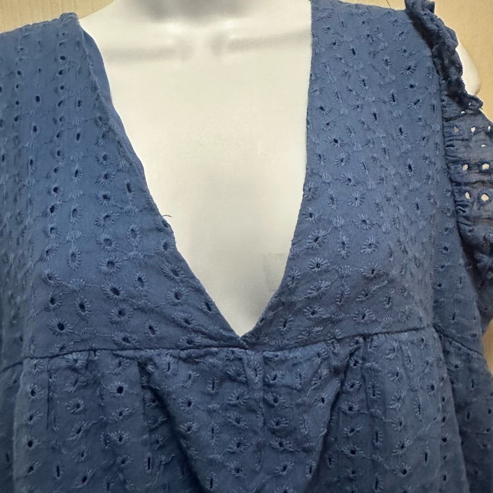 Blue Eyelet Babydoll Dress with Ruffle Sleeves - Size Large - Summer Chic - Picture 15 of 16